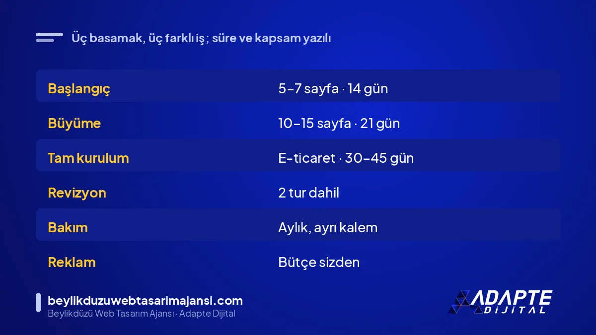 Başlangıç, Büyüme ve Tam Kurulum web sitesi paketlerinin kapsam karşılaştırması