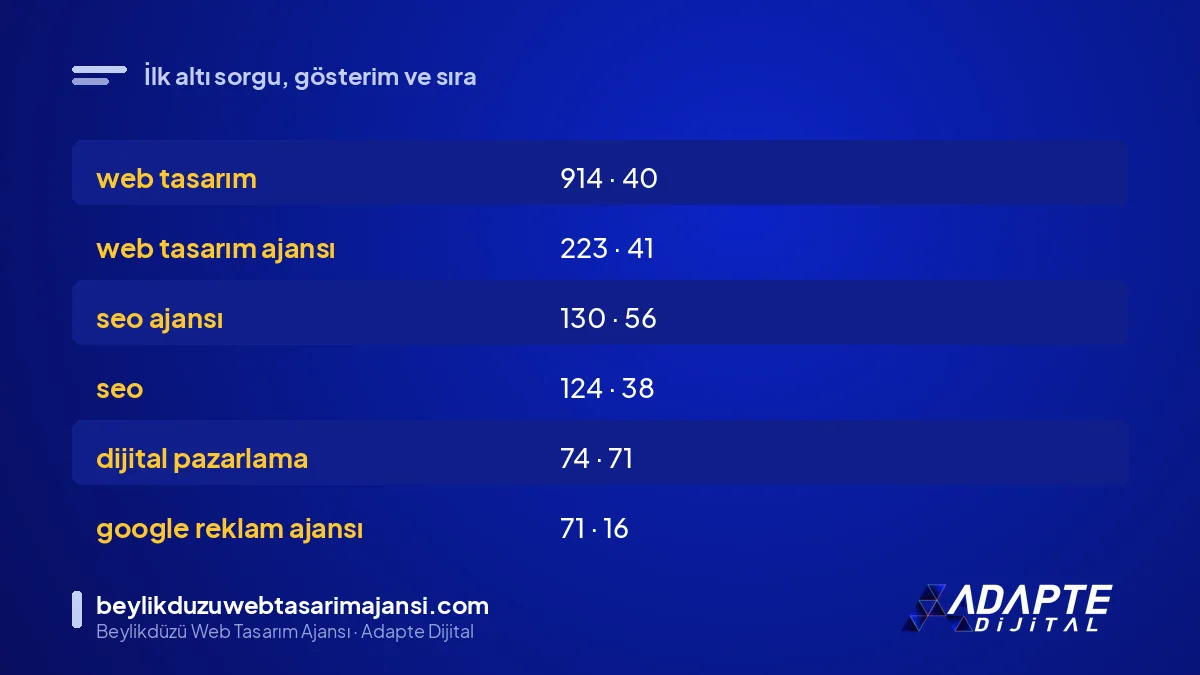 Beylikdüzü ajans sorgularının gösterim ve ortalama sıra tablosu