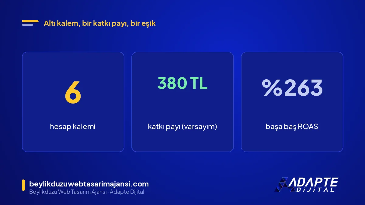 Alışveriş reklamı bütçesi hesabı: 6 kalem, 380 TL katkı payı ve yüzde 263 başa baş ROAS varsayımı