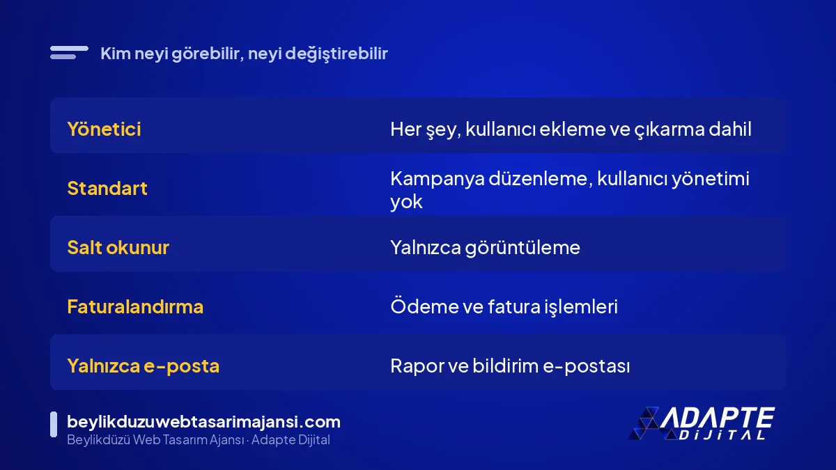 Google Ads erişim seviyeleri karşılaştırması: yönetici, standart, salt okunur, faturalandırma ve e-posta