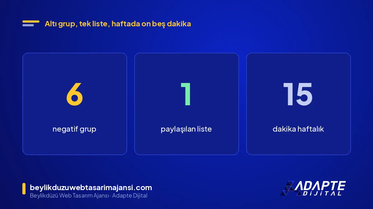 Negatif anahtar kelime listesi: 6 grup, 1 paylaşılan liste ve haftalık 15 dakika kontrol