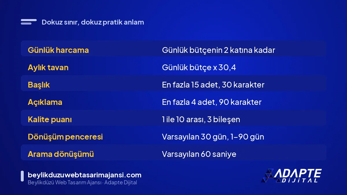 Rakamlarla Google Ads: 9 resmî sınırın değeri ve küçük hesap için anlamı tablosu