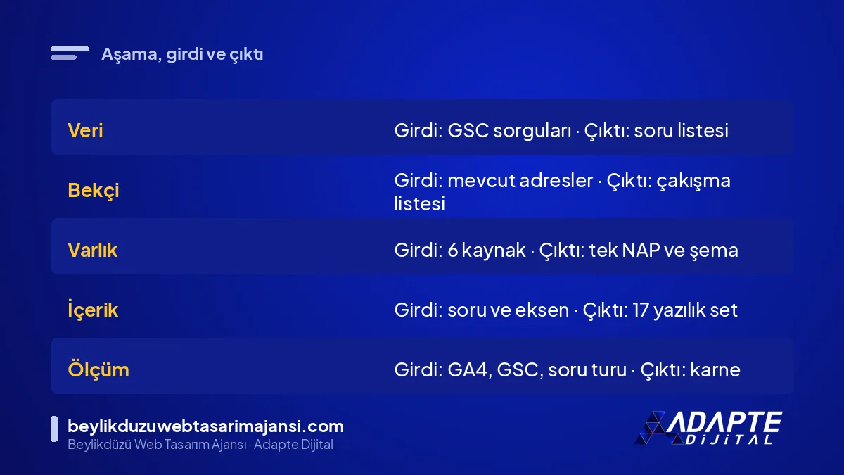 AINEO hattında her aşamanın girdisi ve çıktısı tablosu