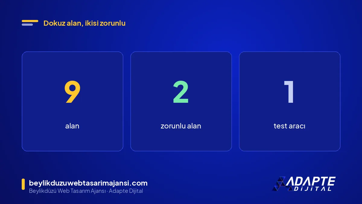 LocalBusiness schema için 9 alan, 2 zorunlu alan ve 1 test adımı