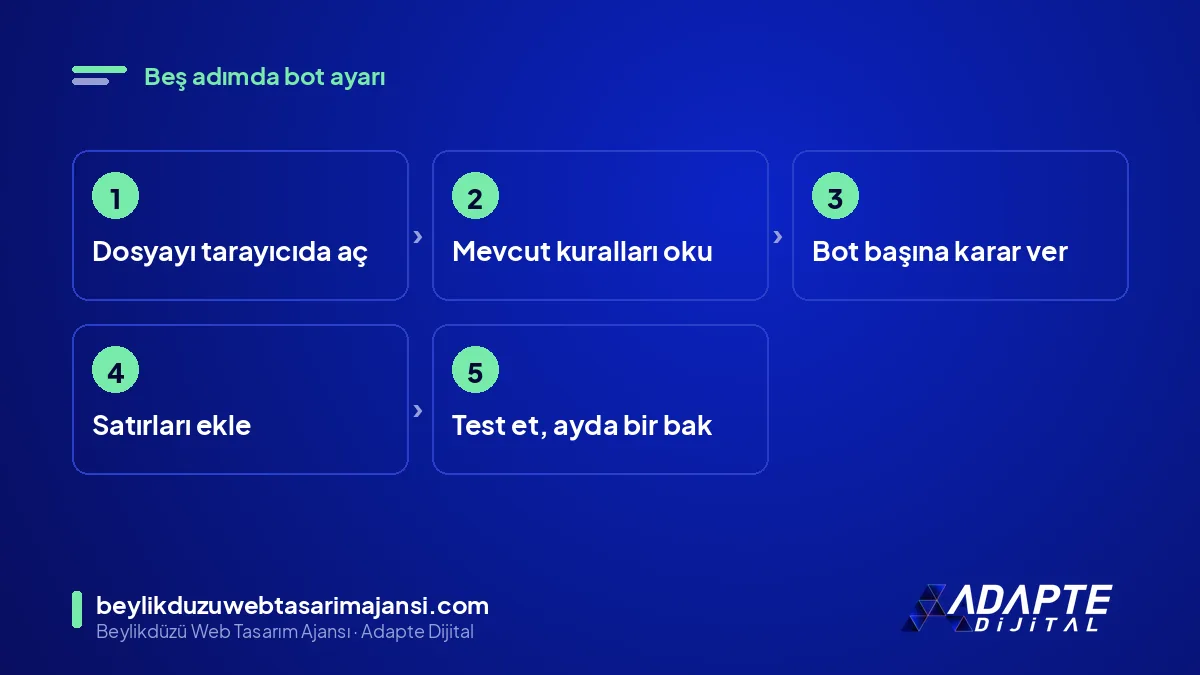 Robots.txt AI bot ayar adımları: aç, oku, karar ver, yaz, test et