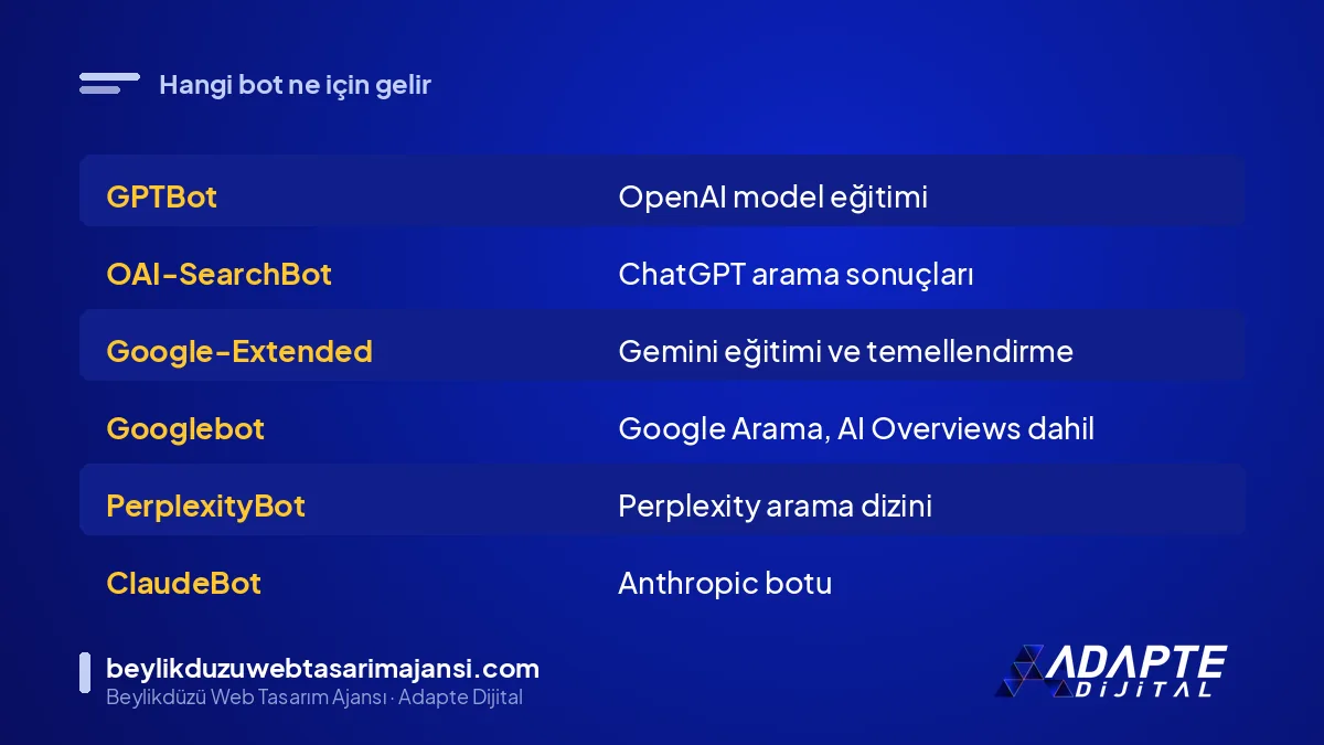 Robots.txt AI botları tablosu: bot adı ve kullanım amacı